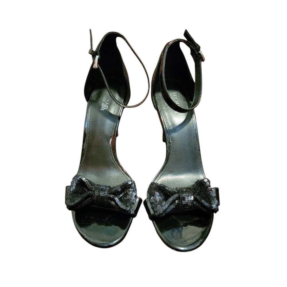 Michael Kors Women's Black Leather Sequin Bow Ankle Strap Stiletto Heels